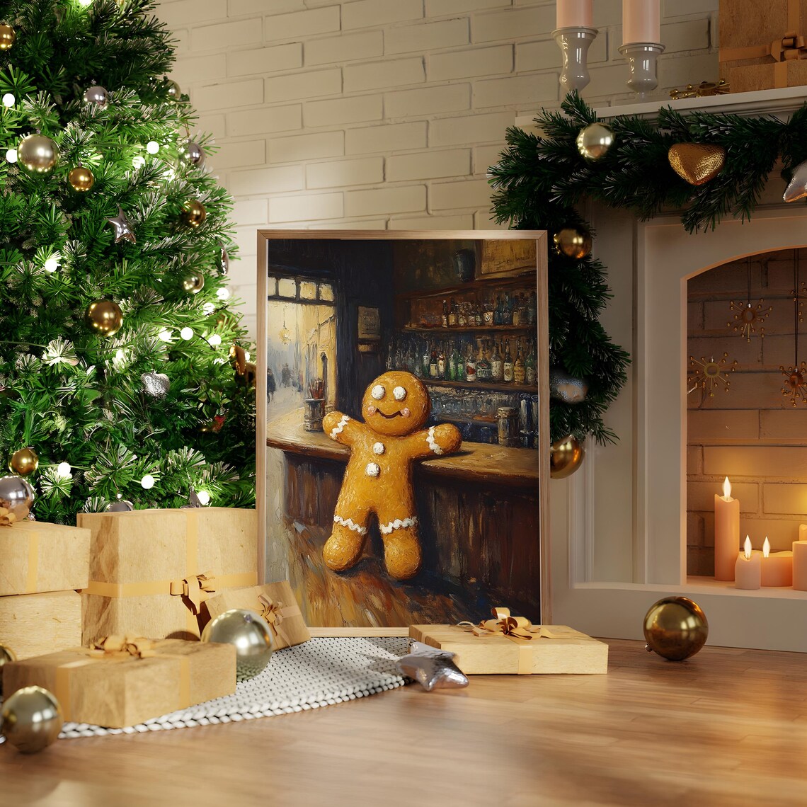 Christmas Gingerbread Man Vintage Bar Scene Holiday Art Poster