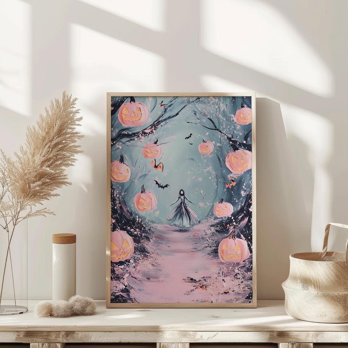 Pink Halloween Pumpkins Witch Night Sky Vintage Style Art Poster - Image 4