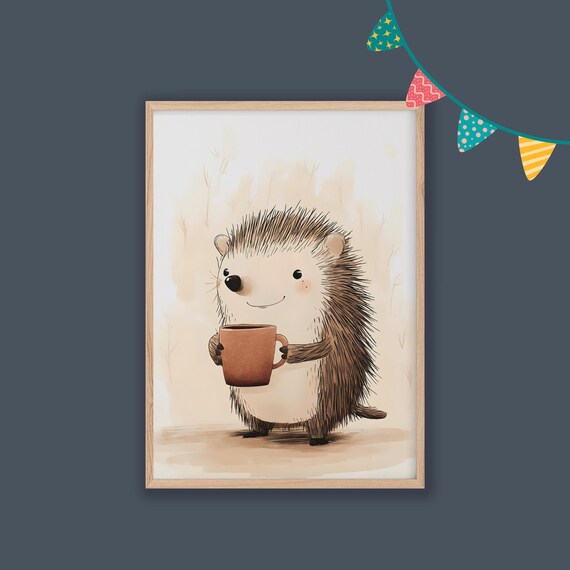 Cute Hedgehog Holding A Warm Mug Woodland Nursery Wall Poster