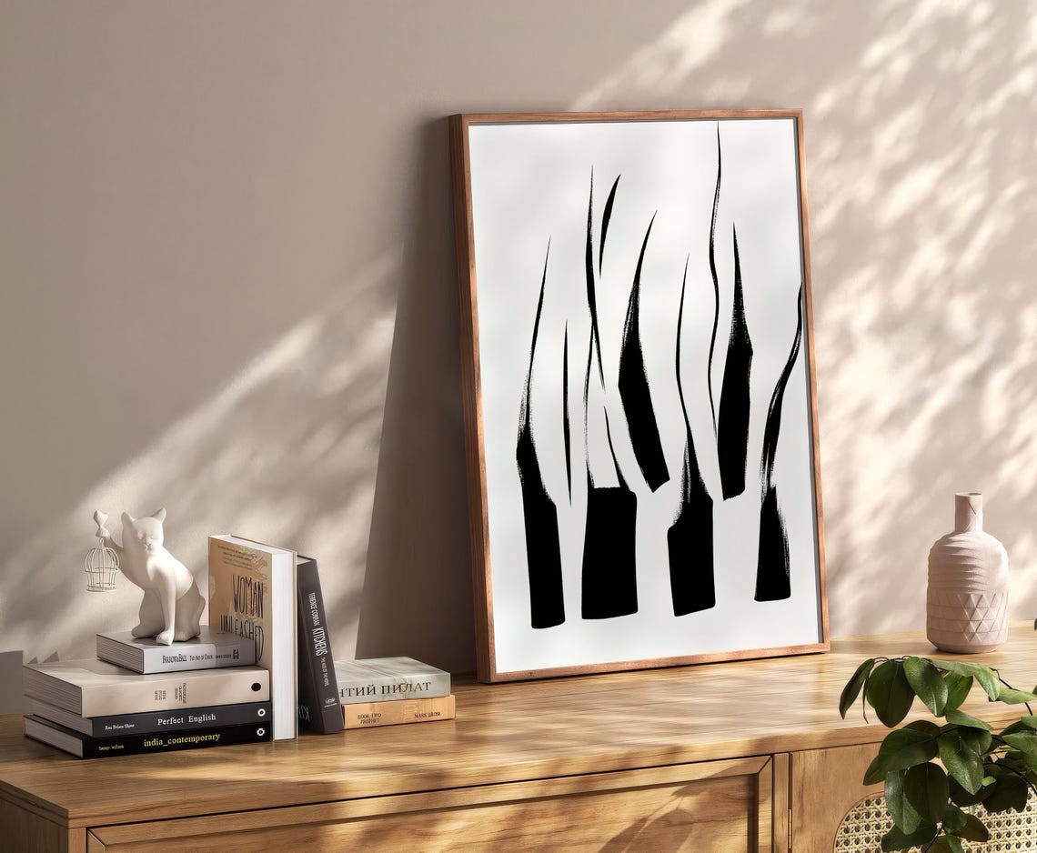 Abstract Black Brushstroke Grass Modern Minimalist Beige Poster - Image 2