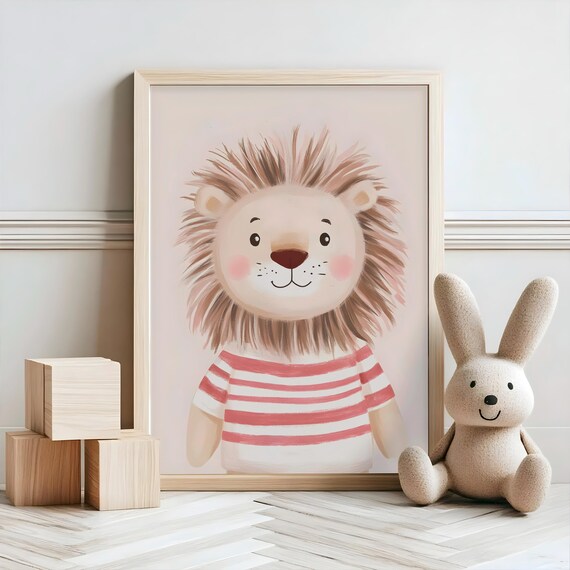 Cute Lion Striped Shirt Watercolor Smile Nursery Kids Room Poster