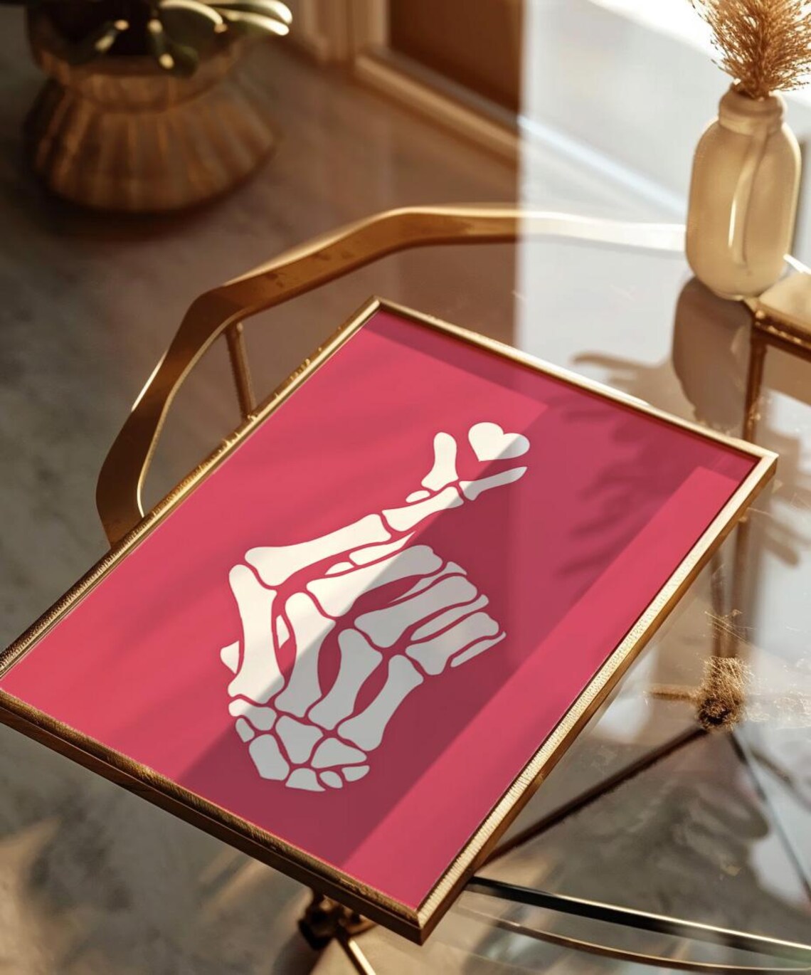 Skeleton Finger Heart Hand Gesture Bold Pink Halloween Wall Art - Image 3
