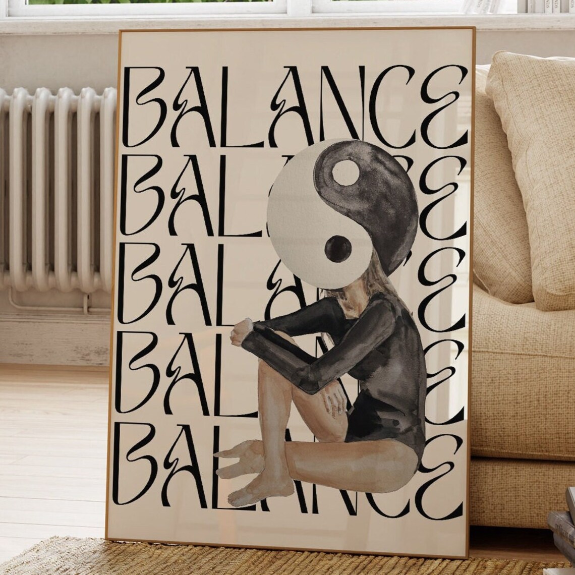 Balance Yin Yang Seated Woman Meditative Typography Chic Poster