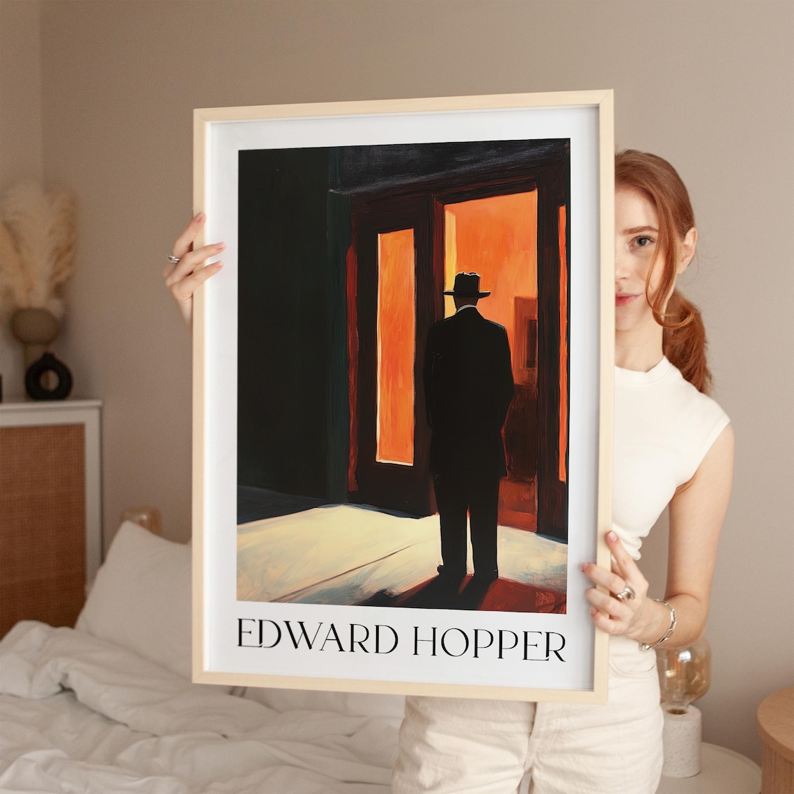 Edward Hopper Lone Man In Fedora At Glowing Orange Doorway Poster
