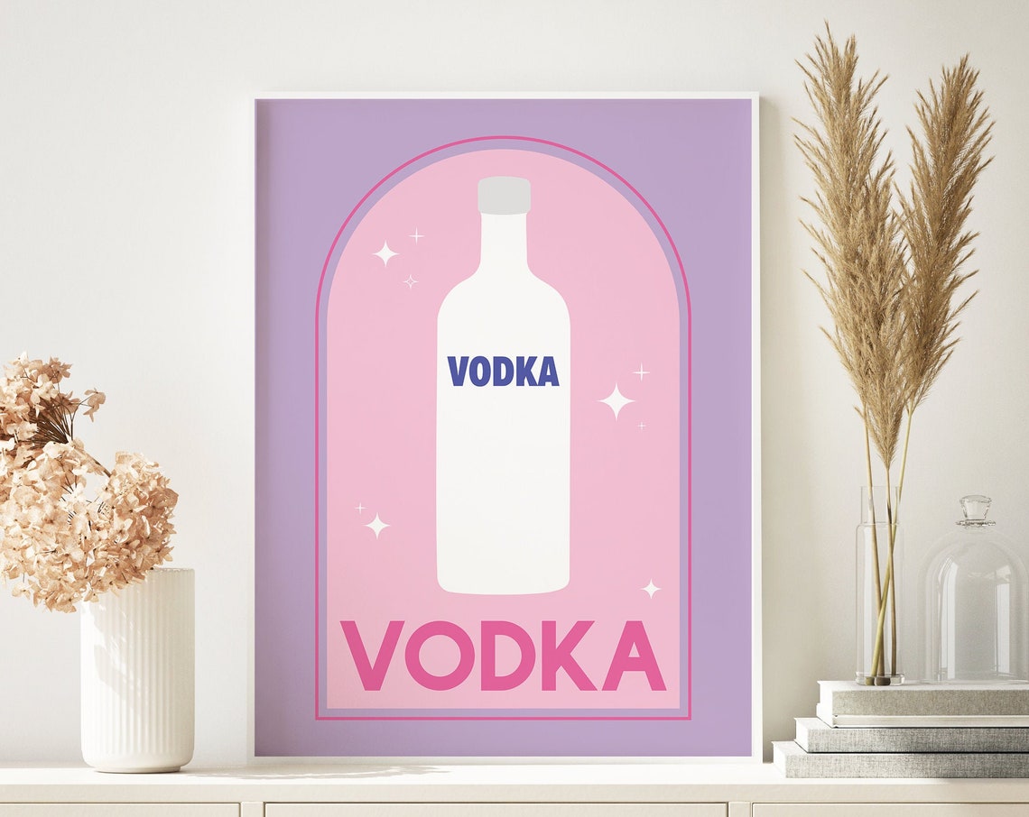 Vodka Bottle Retro Cocktail Bar Cart Pink Lavender Style Poster - Image 5