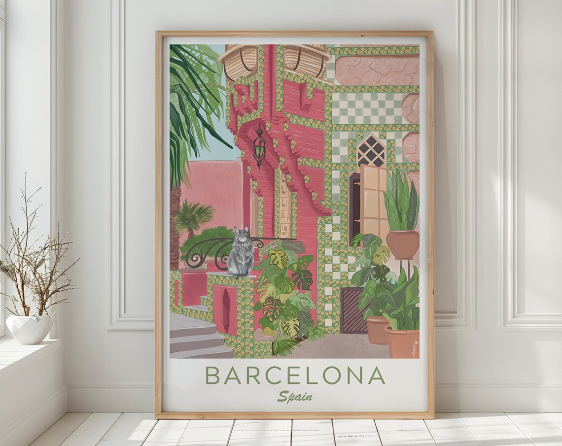 Barcelona Spain Gaudi Style Mosaic Facade Grey Cat Palm Trees Poster