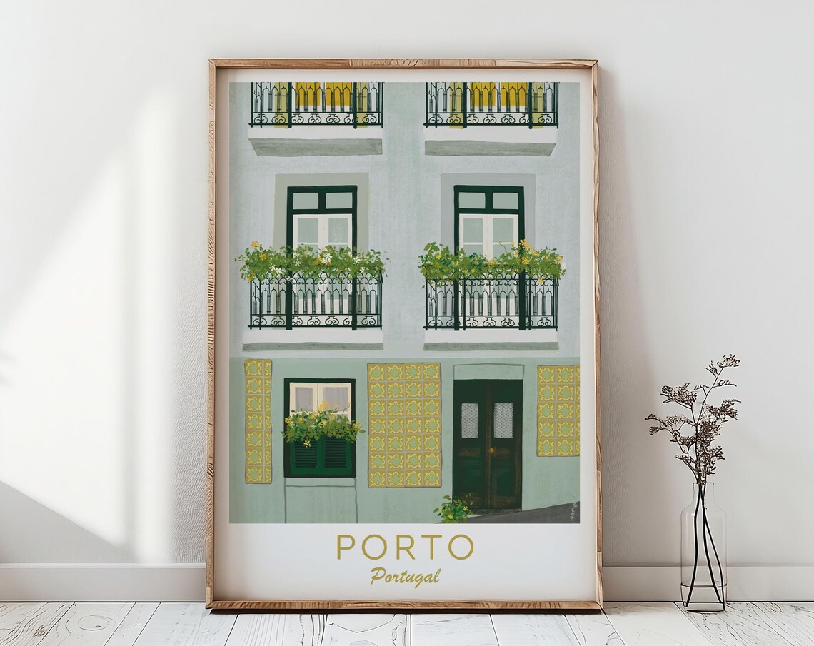 Porto Portugal Green Tiled Facade Iron Balconies Flower Windows Poster