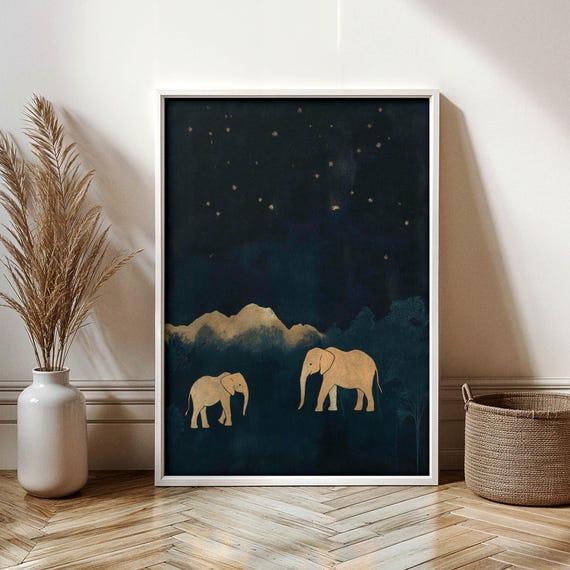 Celestial Elephant Wall Art Vintage Safari Night Sky Print Minimalist Wildlife African Animal Decor Gift For Him