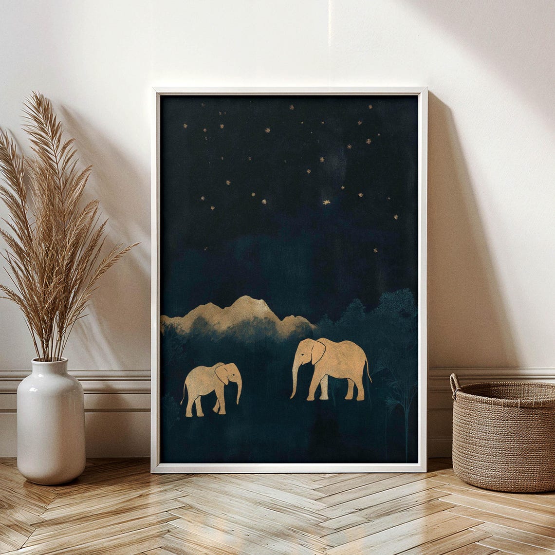 Gold Elephants Starry Night Minimalist Safari Wildlife Wall Art