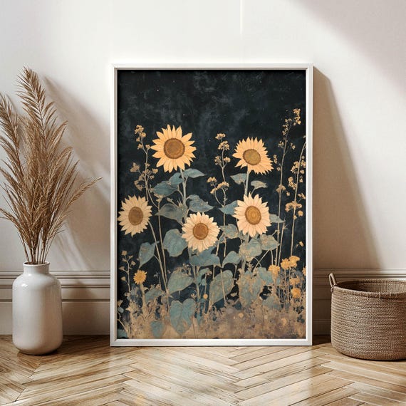 Vintage Sunflower Botanical Wall Art Gold Foil Rustic Floral Print Farmhouse Decor Moody Nature Gift For Her