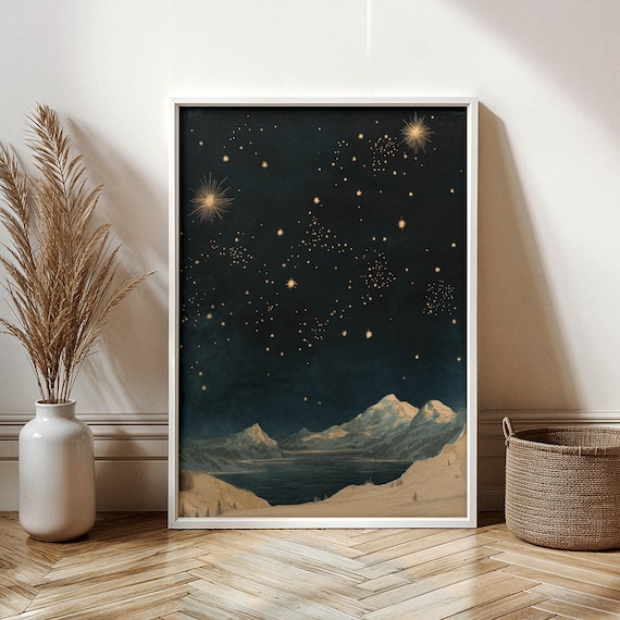 Vintage Starry Night Wall Art Celestial Cosmic Home Decor Astronomyinspired Landscape Print