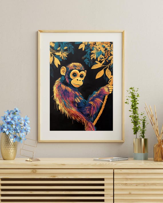 Colorful Monkey Wall Art Whimsical Jungle Vibrant Animal Artwork For Kids Room Nursery Naturethemed Decor