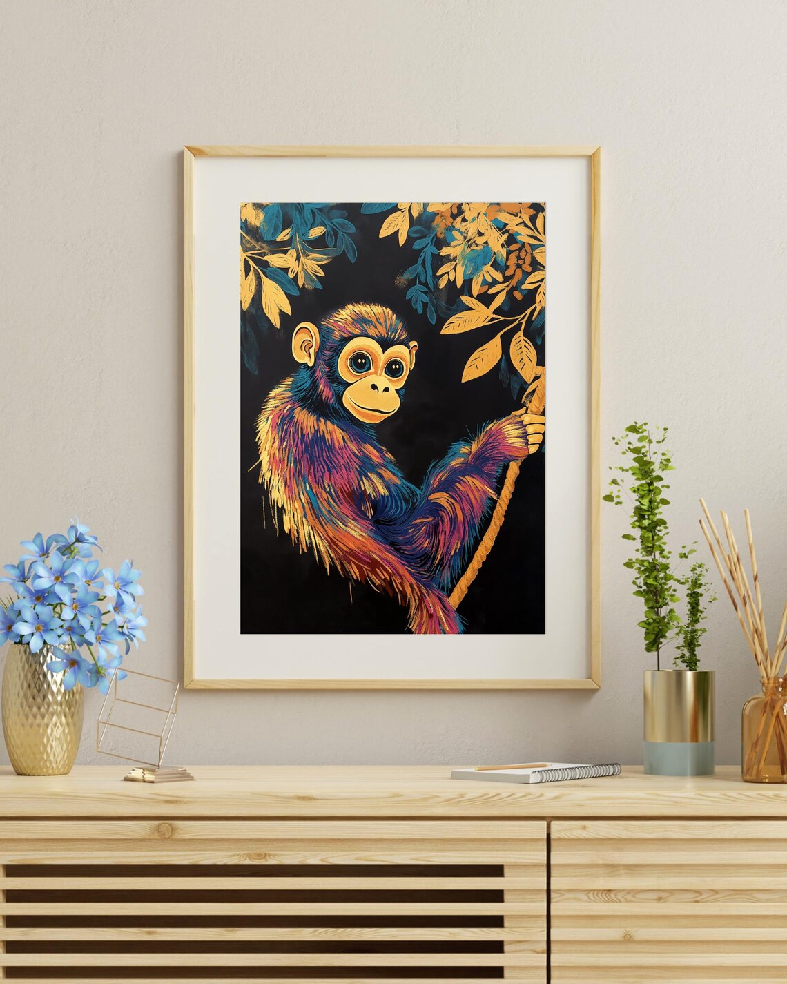 Colorful Baby Monkey Swinging On Rope Gold Leaves Jungle Poster