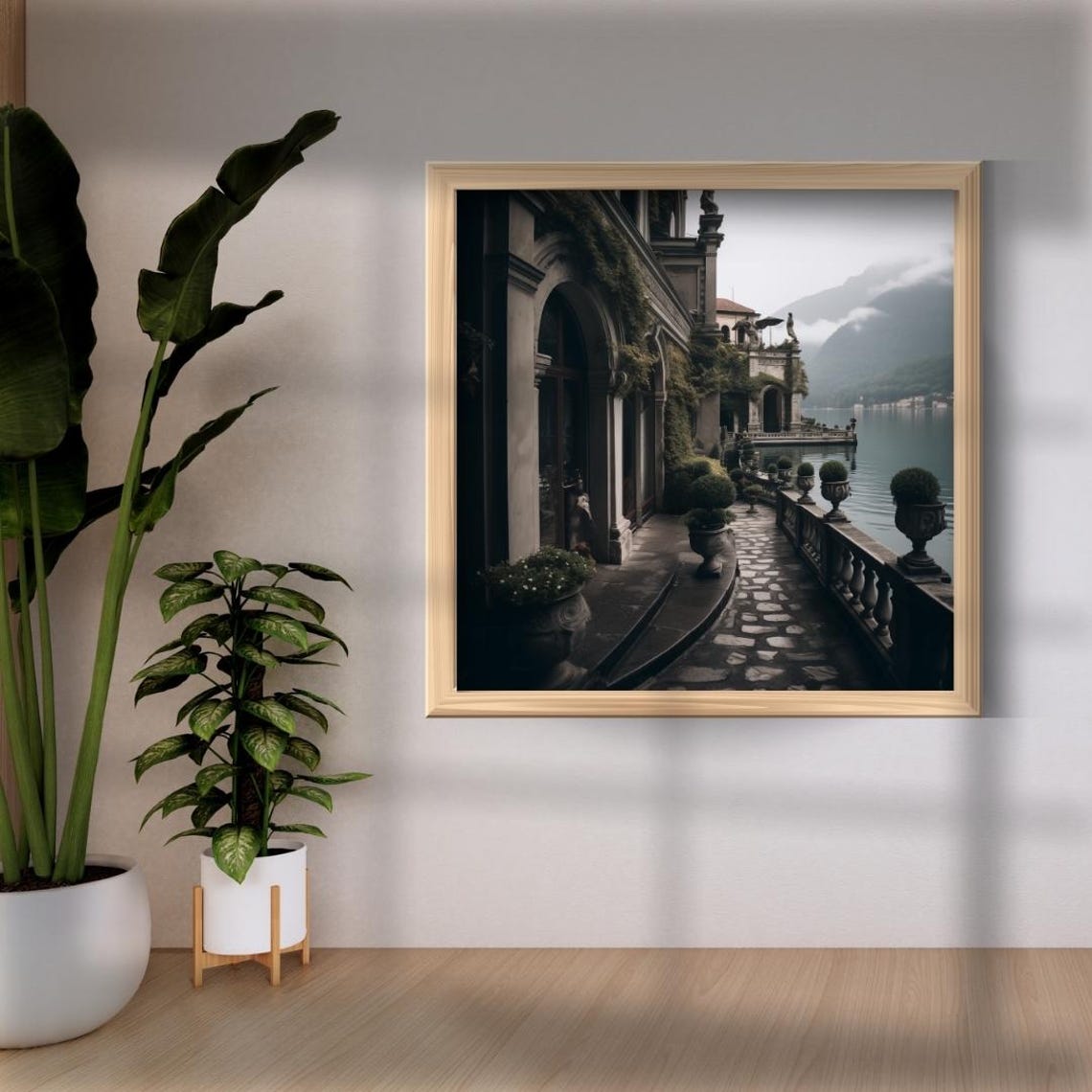 Lake Como Italy Villa Terrace Misty Lakeside Architecture Poster