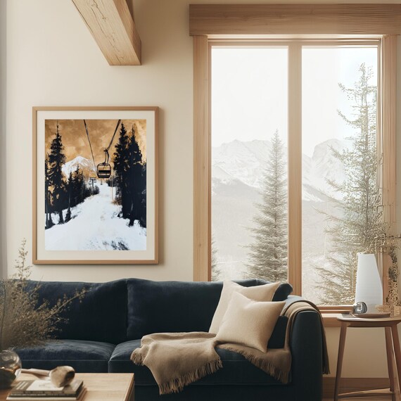 Gold Sky Ski Lift Snowy Slope Dark Pine Forest Winter Poster