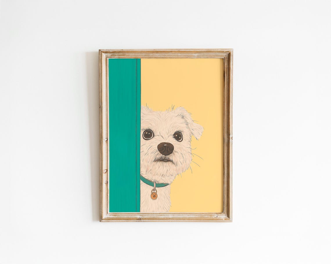 Peekaboo Puppy Peeking Behind Teal Door Cute Illustrated Dog Poster