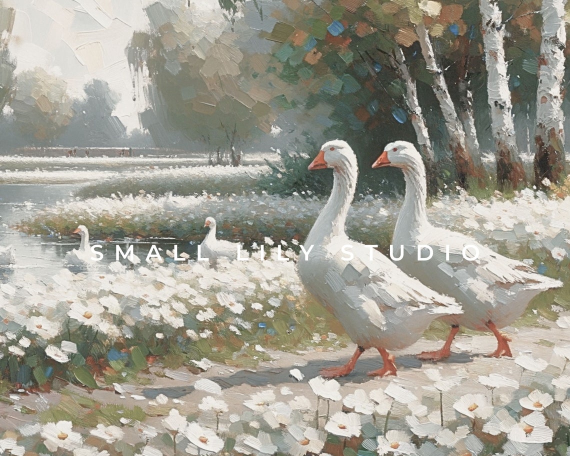 White Geese Among Daisies By Pond Impressionist Country Scene Poster - Image 4