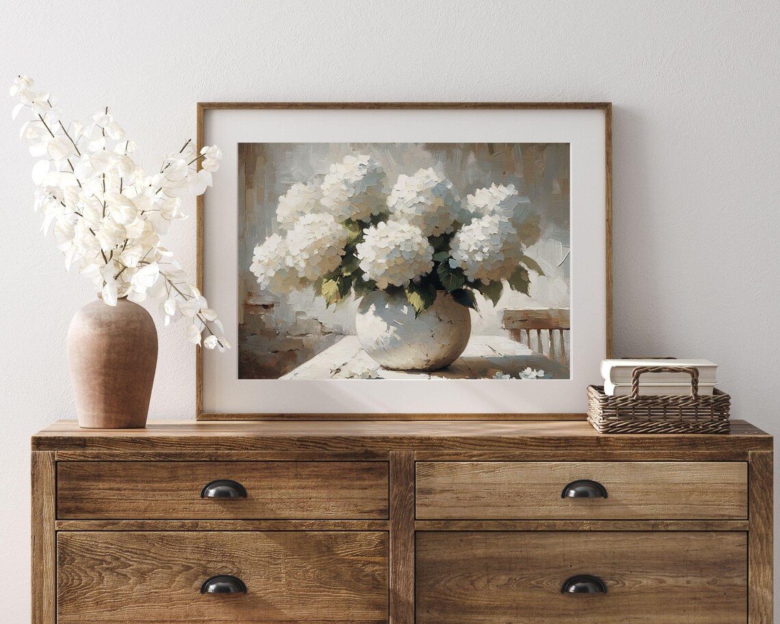 White Hydrangeas In Ceramic Vase Neutral Farmhouse Floral Still Life Poster - Image 3