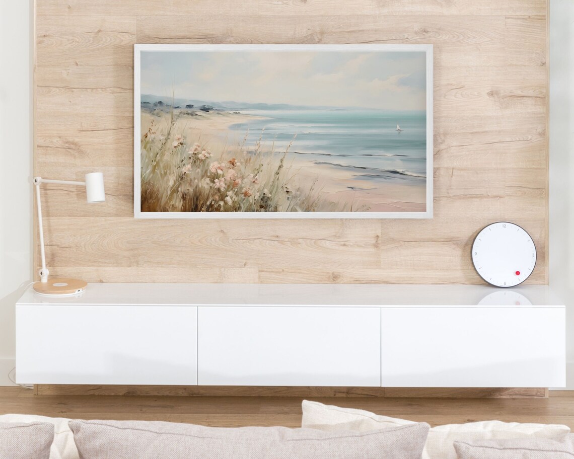 Sandy Beach Dune Grass Pink Wildflowers Sailboat Coastal Scene Poster - Image 3