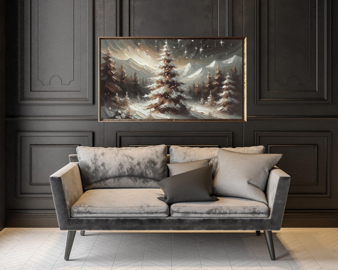 Moody Night Pine Tree Snowy Mountains Abstract Textured Frame TV Art Poster - Image 2