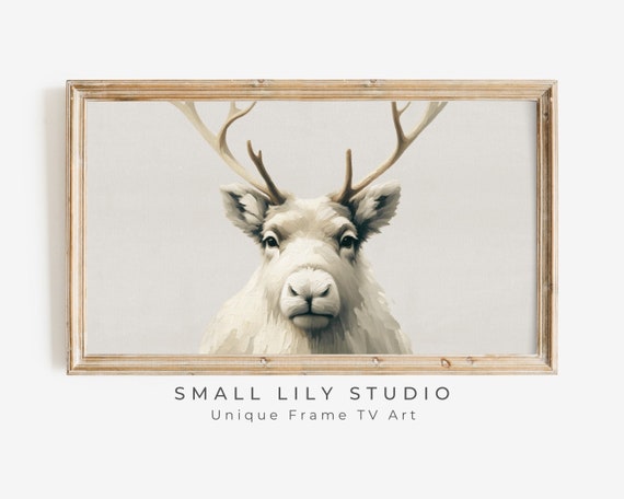 Frame Tv Art Christmas Reindeer Portrait Deer Vintage Style Neutral Tv Art Frame Tv Art Cute Reindeer Antlers White Beige Tv210