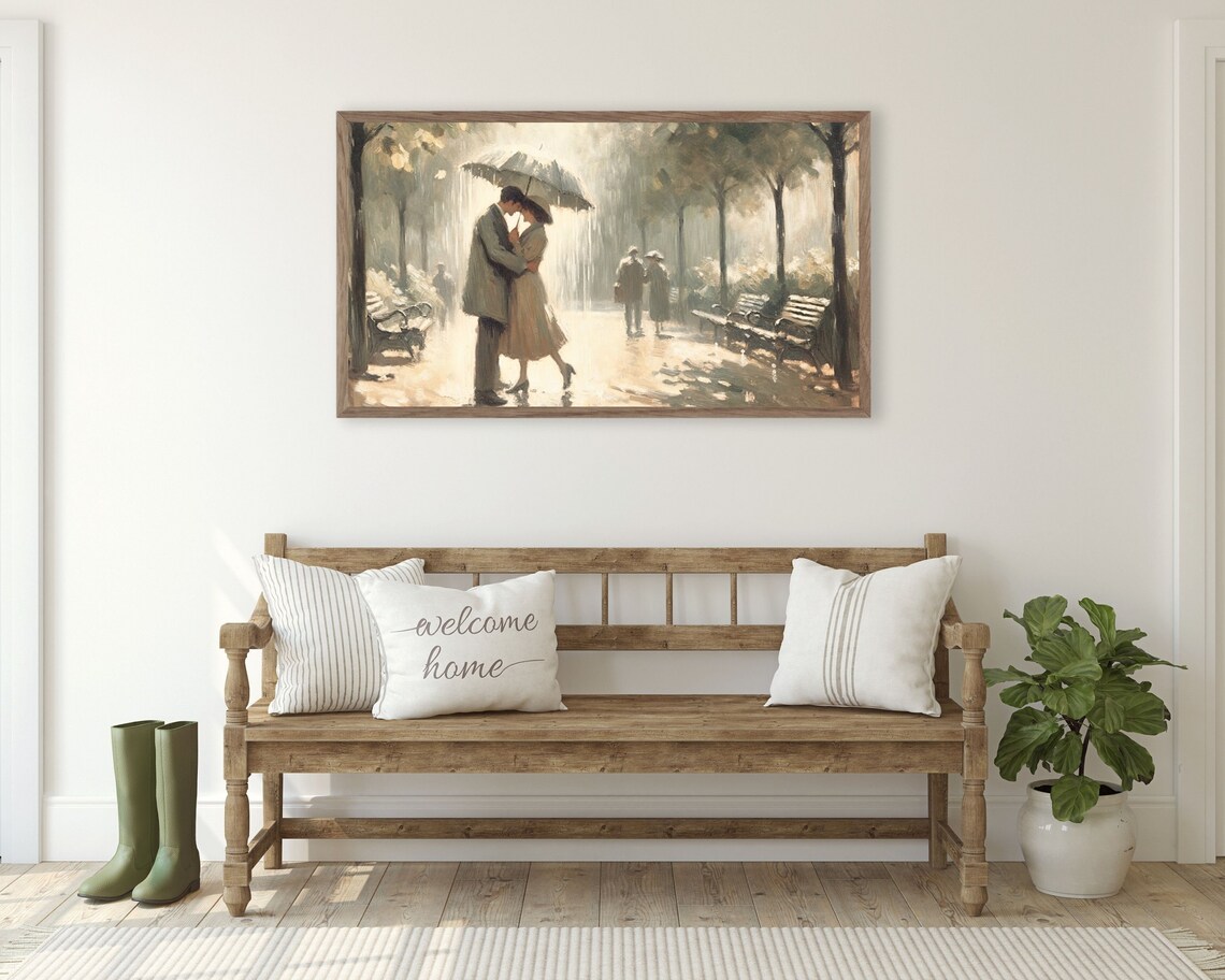 Romantic Couple Kissing in Rain Vintage Parisian Park Painting Poster - Image 3