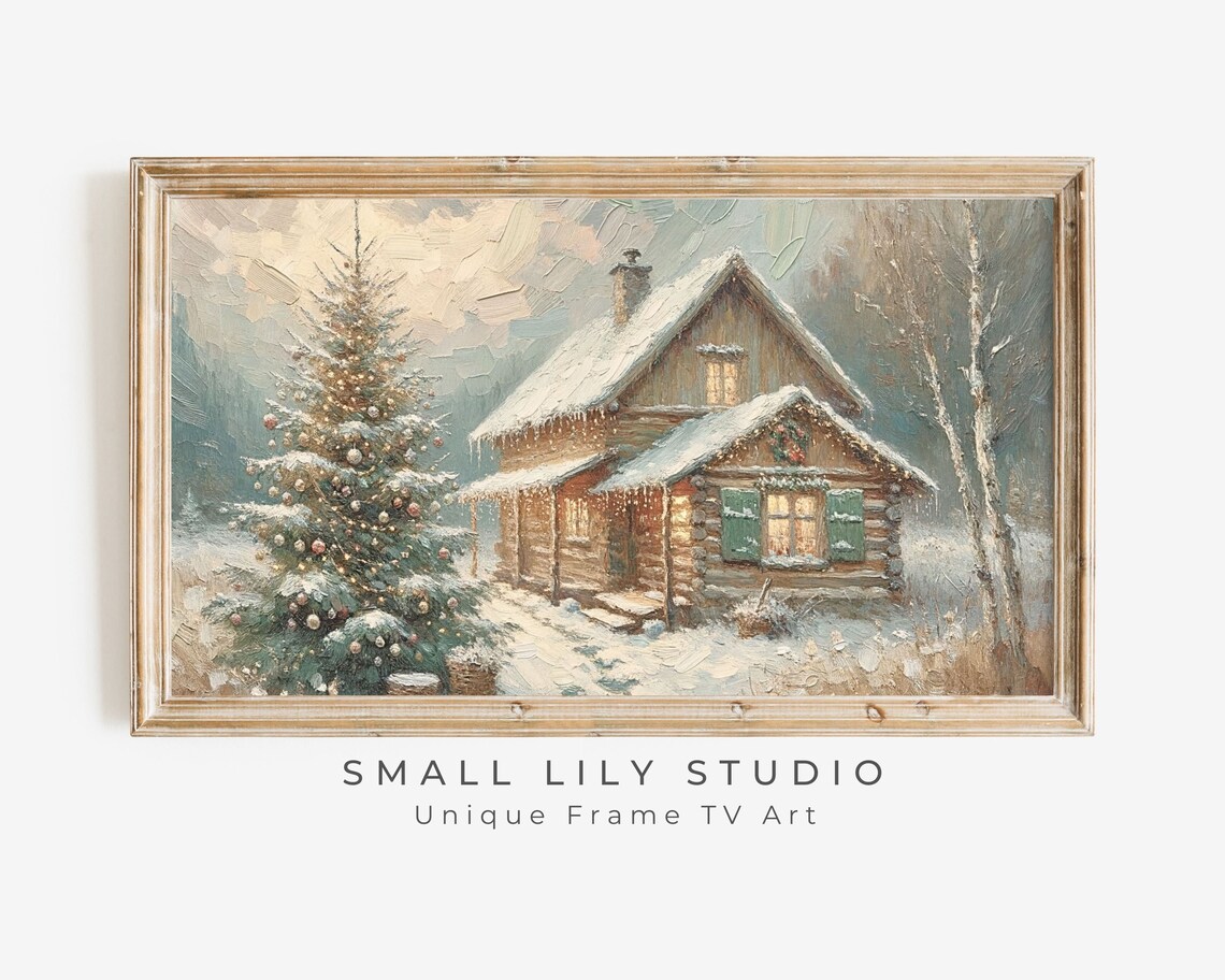 Christmas Cottage Winter Art Print, Rustic Country