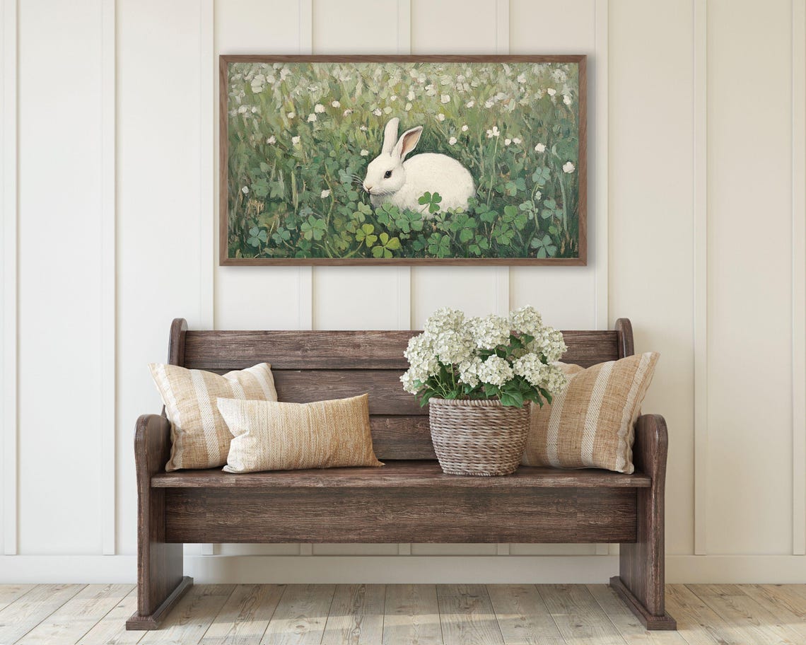 White Bunny Rabbit In Green Clover Field Vintage Spring Poster - Image 2