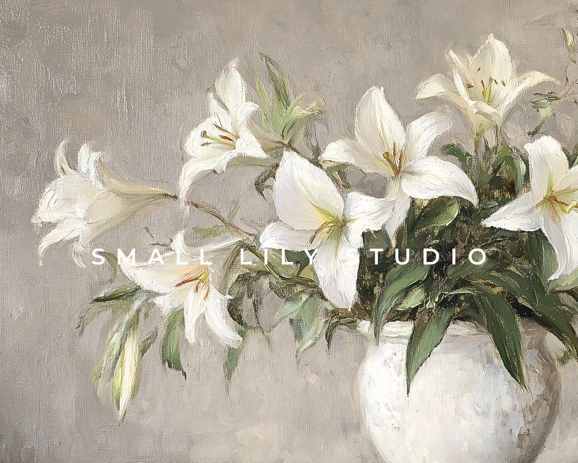 White Lilies in a White Vase Rustic Farmhouse Neutral Floral Wall Art - Image 4