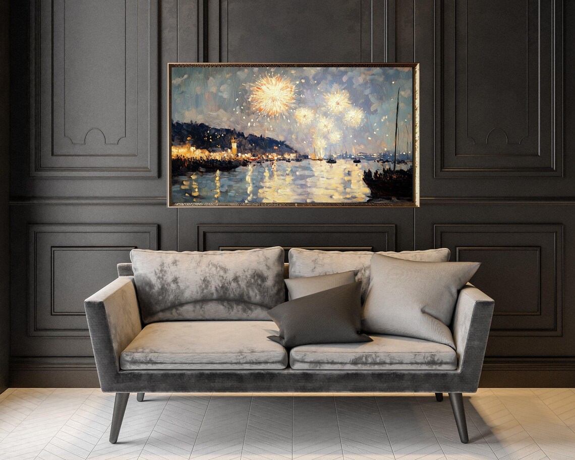 New Years Eve Fireworks Over Crowded Harbor Night Scene Painting Poster - Image 3