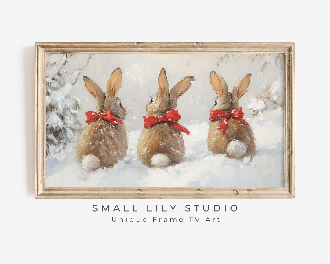 Bunnies With Red Bows In Snow, Winter Animal Art Print