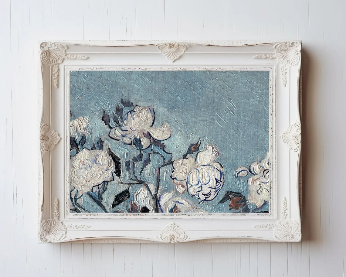 White Roses On Blue Textured Background Painterly Floral Still Life Art Poster - Image 2