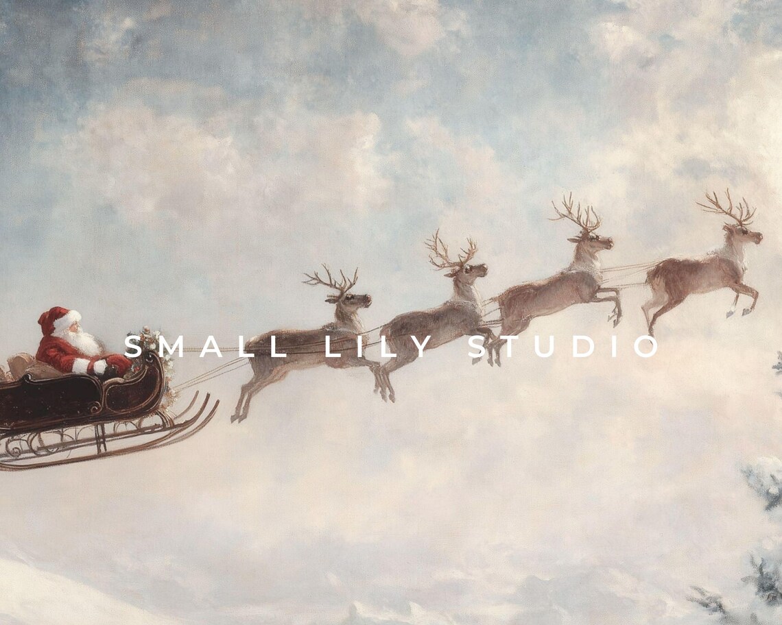 Santa And Reindeer Flying Christmas Art Print - Image 4