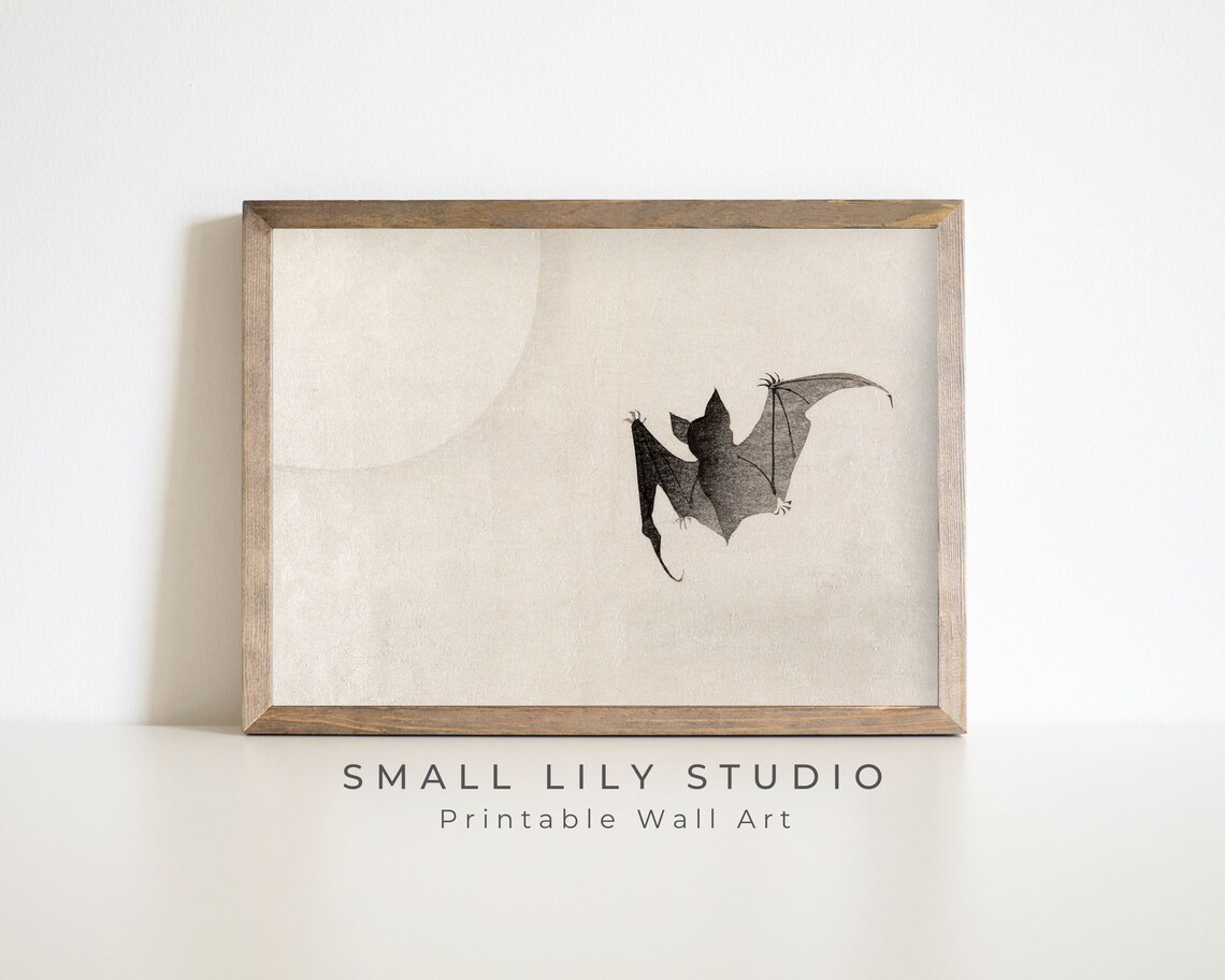 Flying Black Bat Japanese Woodblock Moon Minimalist Halloween Poster - Image 2