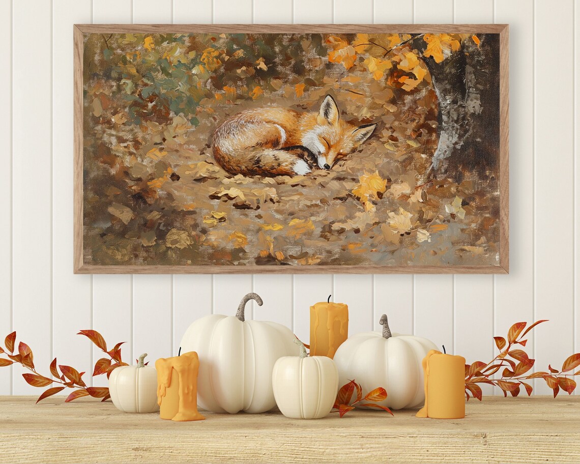 Fox Sleeping in Fall Leaves, Autumn Vintage Style Art Print - Image 2
