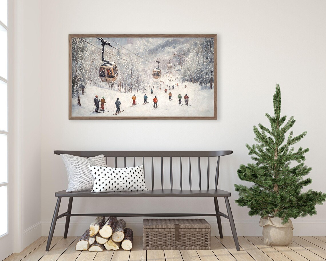 Gondolas on Ski Slopes Vintage Style Art Print - Image 2