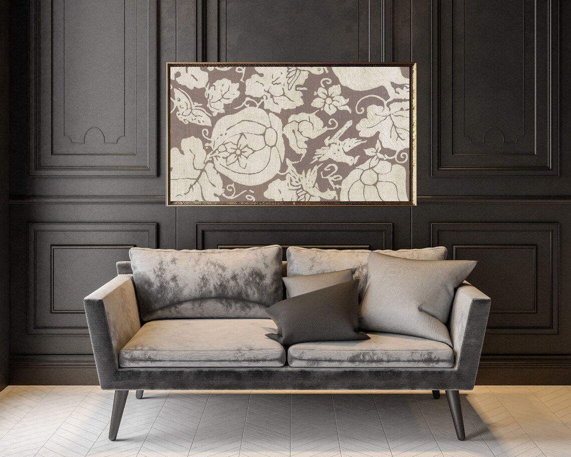Japanese Woodblock Style Pumpkins And Butterflies Neutral Pattern Poster - Image 2