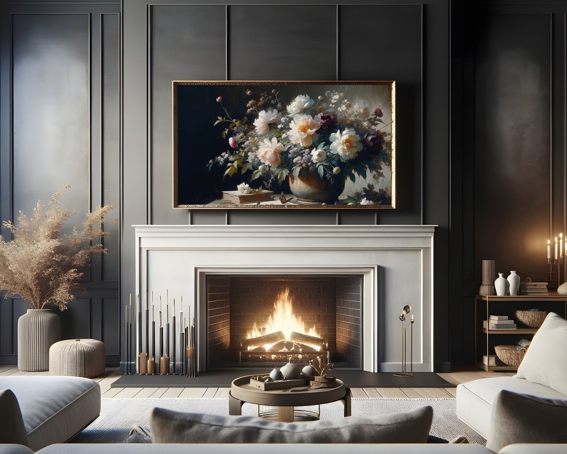 Frame Tv Moody Floral Still Life Art Frame Tv Art Dark Flowers Valentines Vintage Painting Style Tv Artwork Pink Peonies Tv245 - Image 2