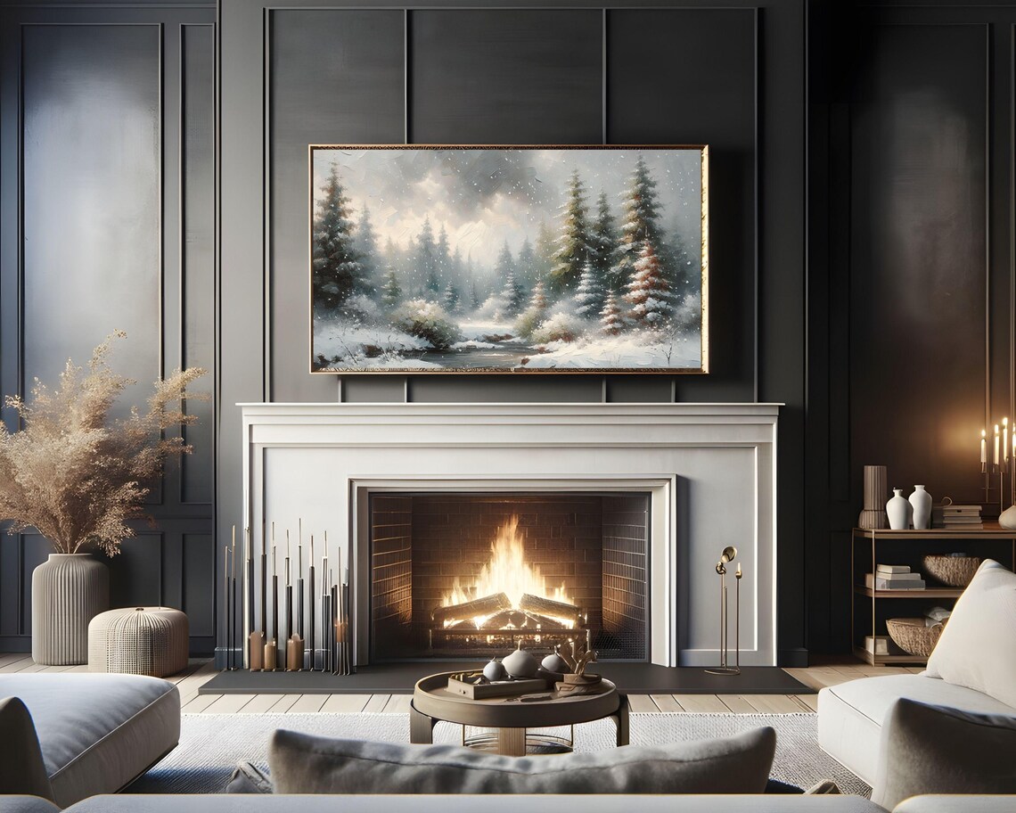 Moody Snow Falling Forest Stream Winter Pine Landscape Vintage Painting Poster - Image 2