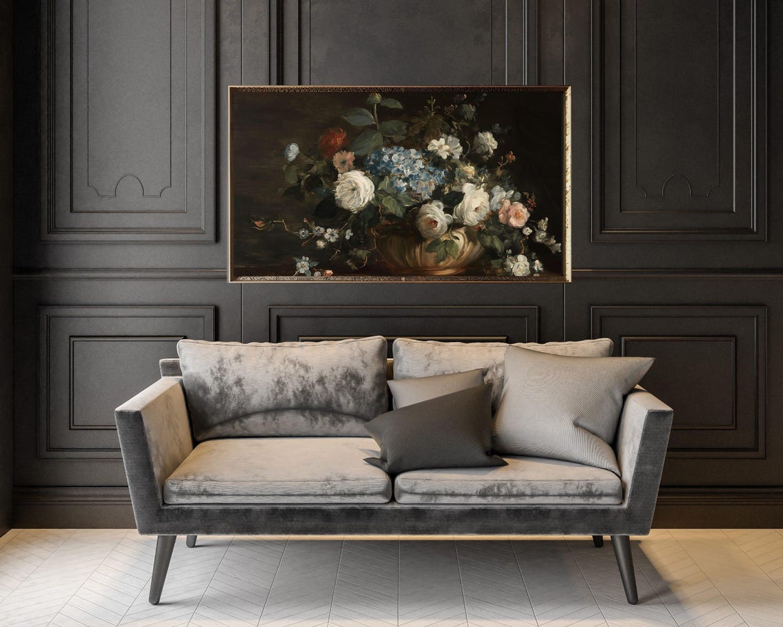 Moody Hydrangea and Rose Bouquet Dark Vintage Still Life Art Poster - Image 2