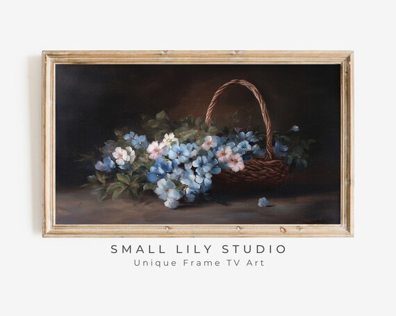 Frame Tv Art Moody Blue Floral Basket Vintage Style Still Life Flowers Painting Frame Tv Art Botanical Farmhouse Artwork Tv605