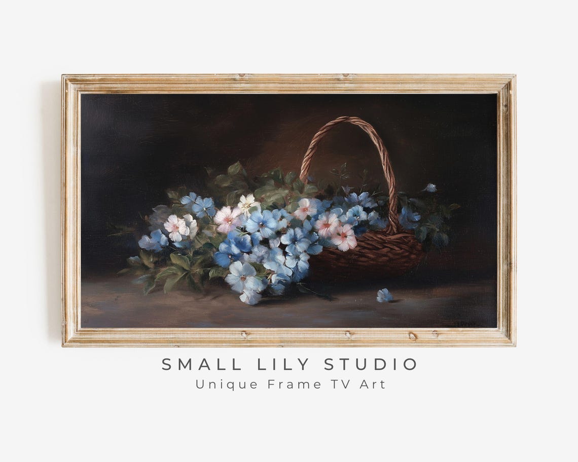 Frame Tv Art Moody Blue Floral Basket Vintage Style Still Life Flowers Painting Frame Tv Art Botanical Farmhouse Artwork Tv605