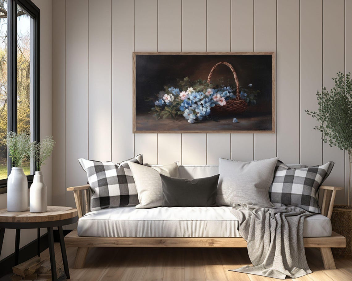 Frame Tv Art Moody Blue Floral Basket Vintage Style Still Life Flowers Painting Frame Tv Art Botanical Farmhouse Artwork Tv605 - Image 3