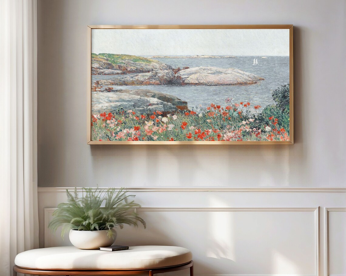 Red Poppies by the Sea Rocky Coast Vintage Impressionist Art Poster - Image 2