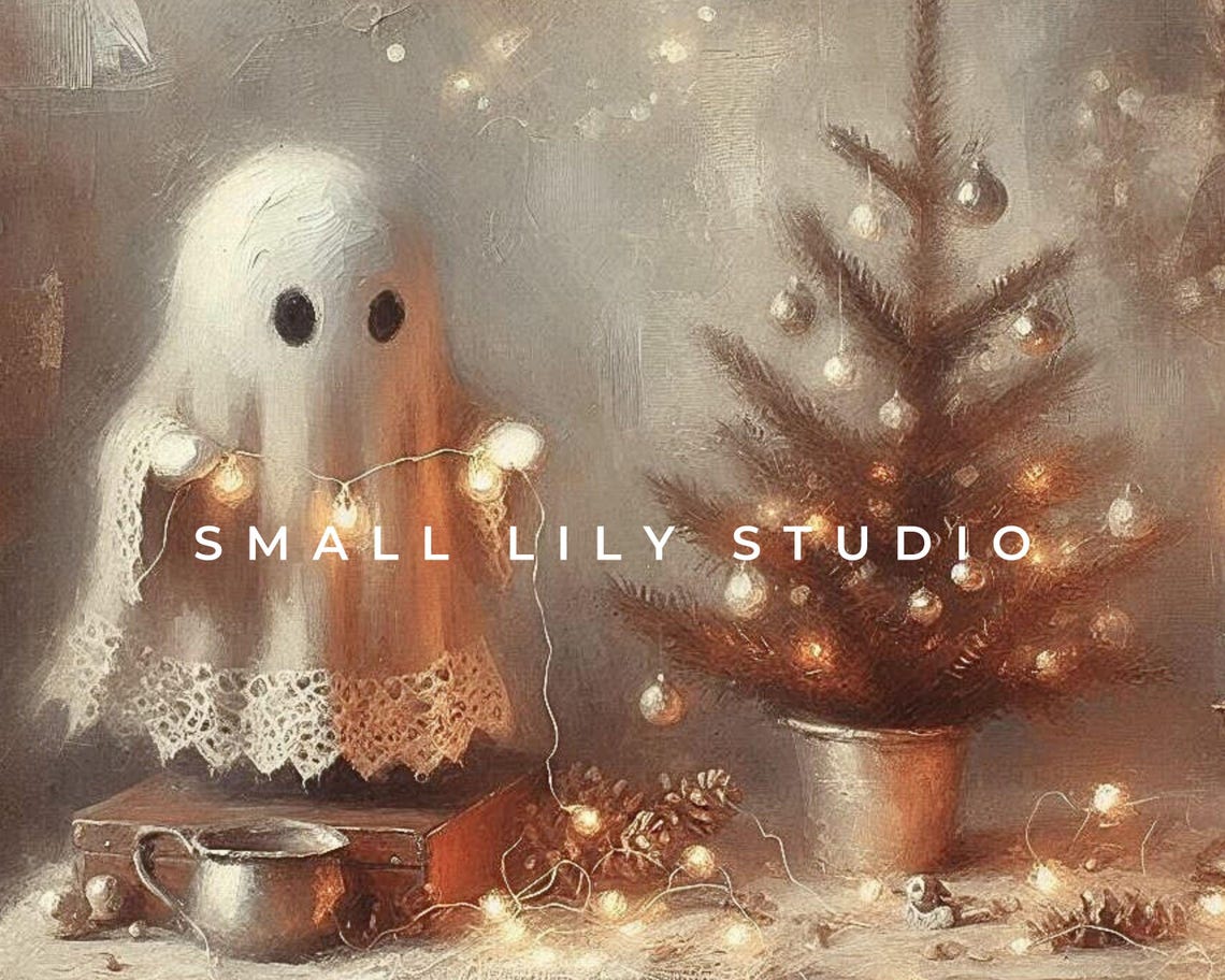 Cute Ghost Christmas Lights Tree Cozy Farmhouse Spooky Xmas Art Poster - Image 4