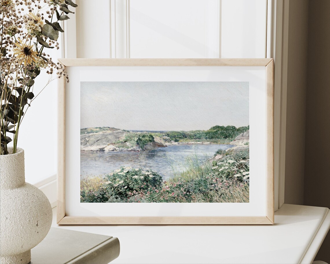 Wildflowers By Rocky Coastal Inlet Blue Water Vintage Landscape Painting Poster - Image 2