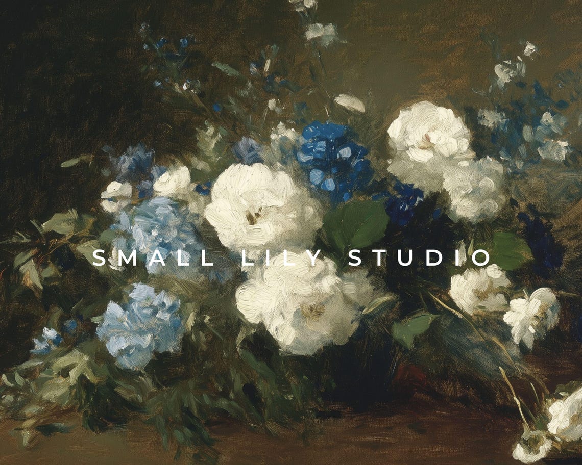 White Roses And Blue Flowers Dark Moody Vintage Still Life Poster - Image 4