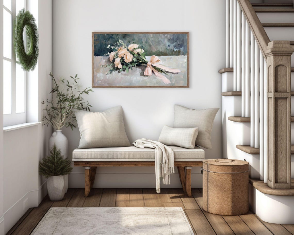 Frame Tv Art Pink Flowers With Bow Spring Frame Tv Art Farmhouse Floral Art Vintage Style Painting Peach Coral Pink Tv648 - Image 3