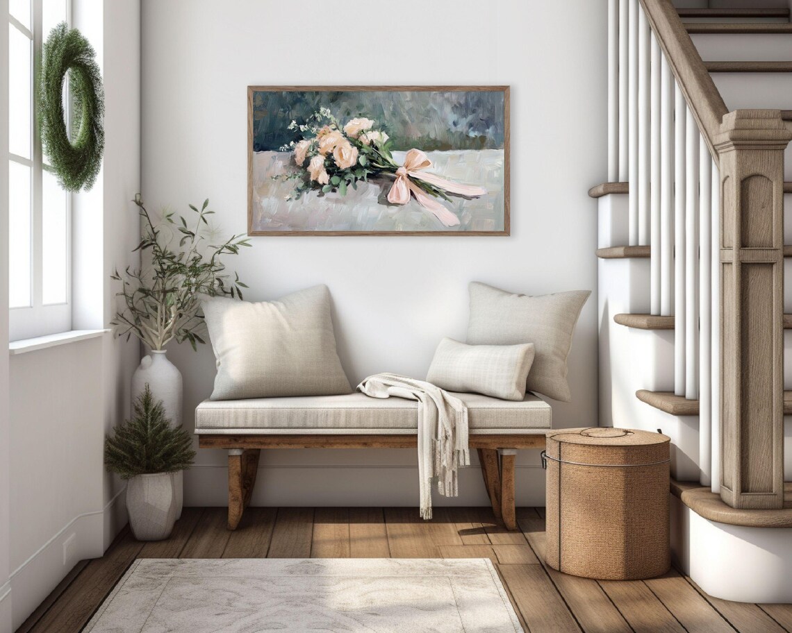 Peach Pink Roses Bouquet With Silk Bow Vintage Floral Still Life Poster - Image 3
