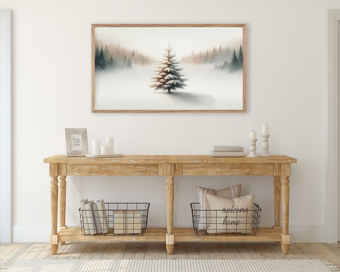 Lonely Snowy Pine Tree Misty Winter Minimalist Watercolor Art Poster - Image 3